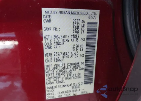 2022 Nissan Frontier Long Bed Sv 4X4 from USA, damaged, VIN 1N6ED1FK1NN663352